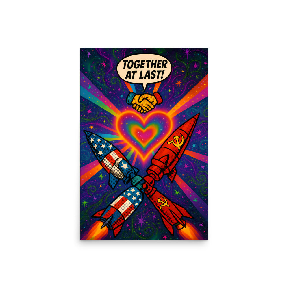 Colorful poster with a rocket, handshake, and heart design on a purple background. 70's retro futurism and psychedelic pop art poster