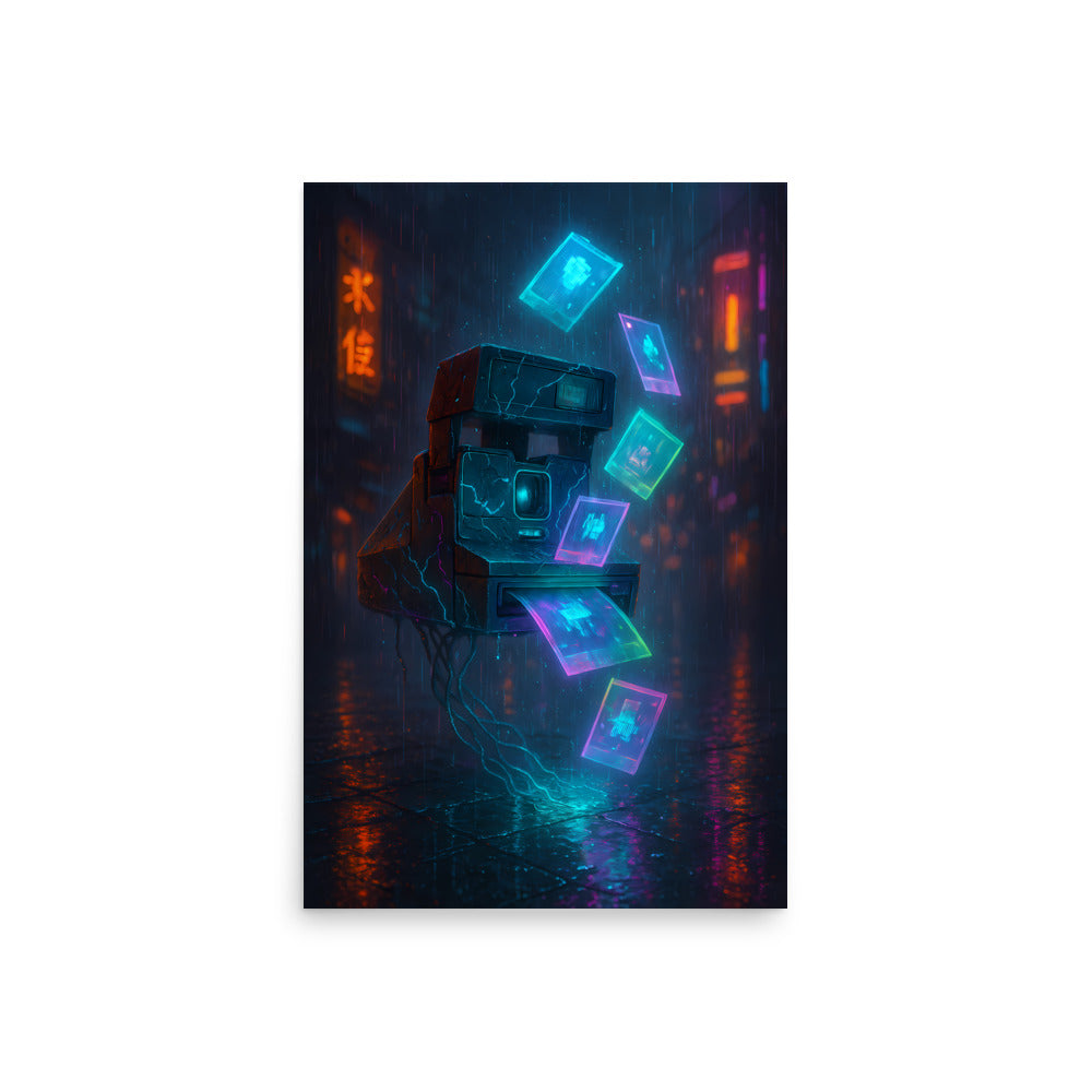 Retro camera with glowing panels in a dark, neon-lit environment. Retro poster.