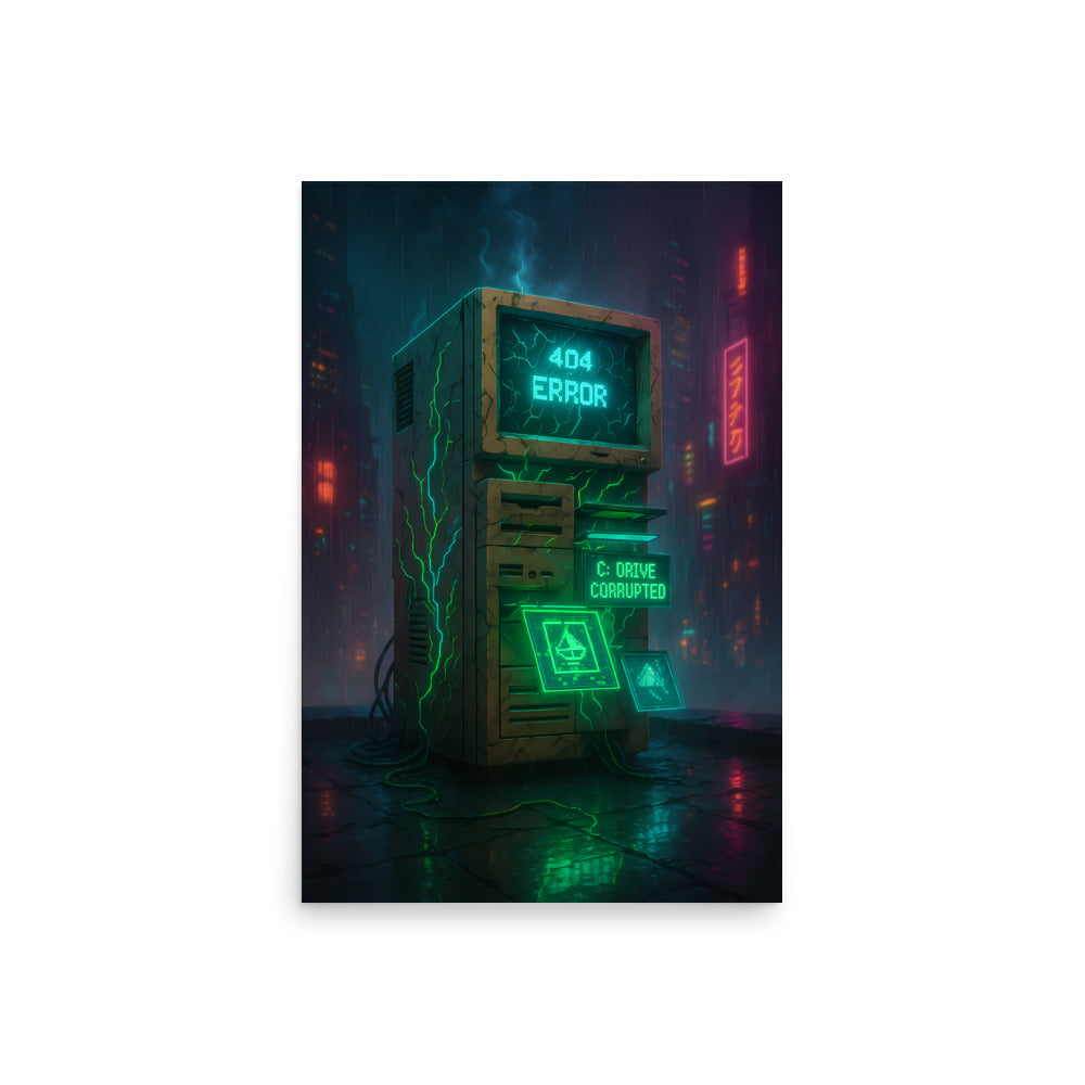 Futuristic computer setup with neon lights and a 404 error message on a cityscape background. Retro poster.