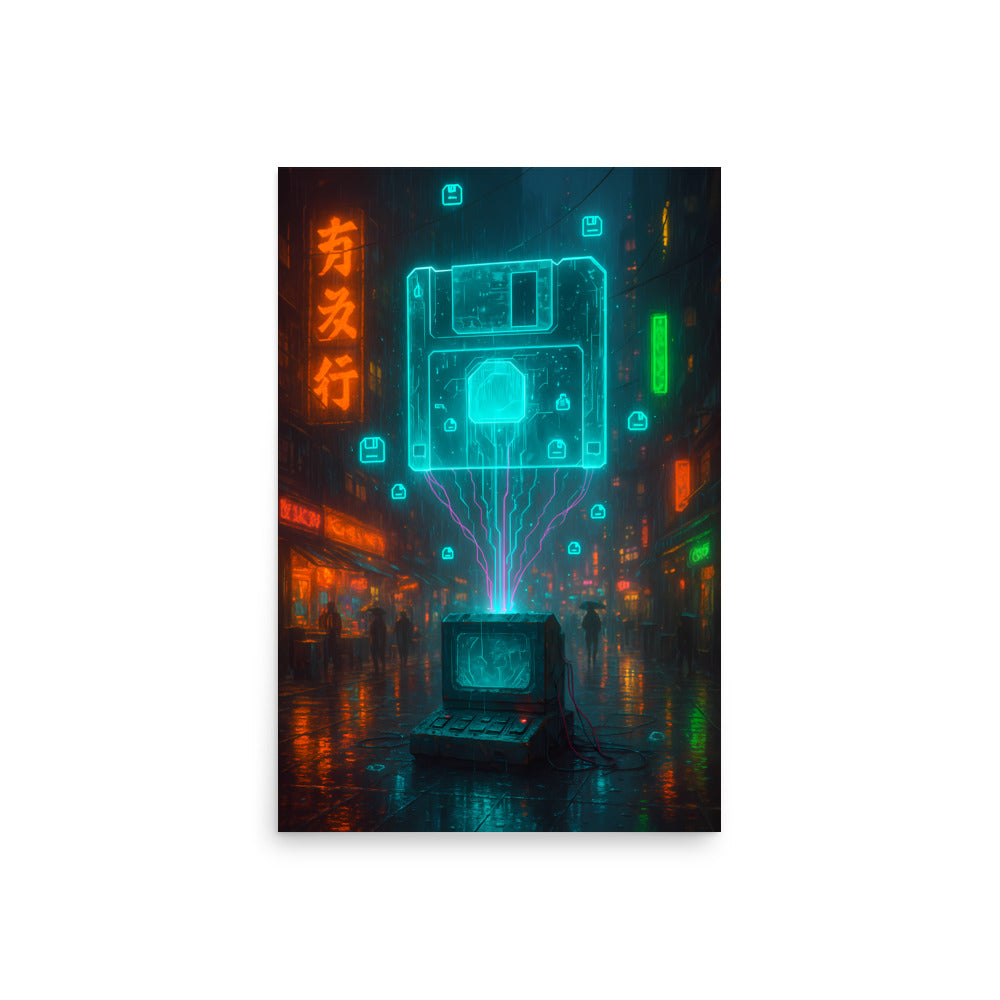 Neon sign of a floppy disk in a futuristic cityscape with glowing signs. Retro poster.