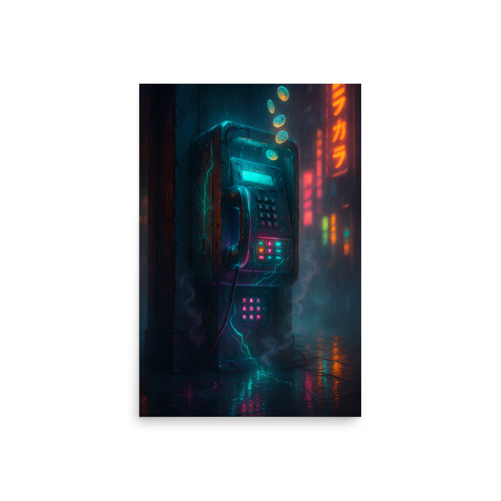 Neon sign of a phone booth in a cityscape with colourful lights. Retro poster.