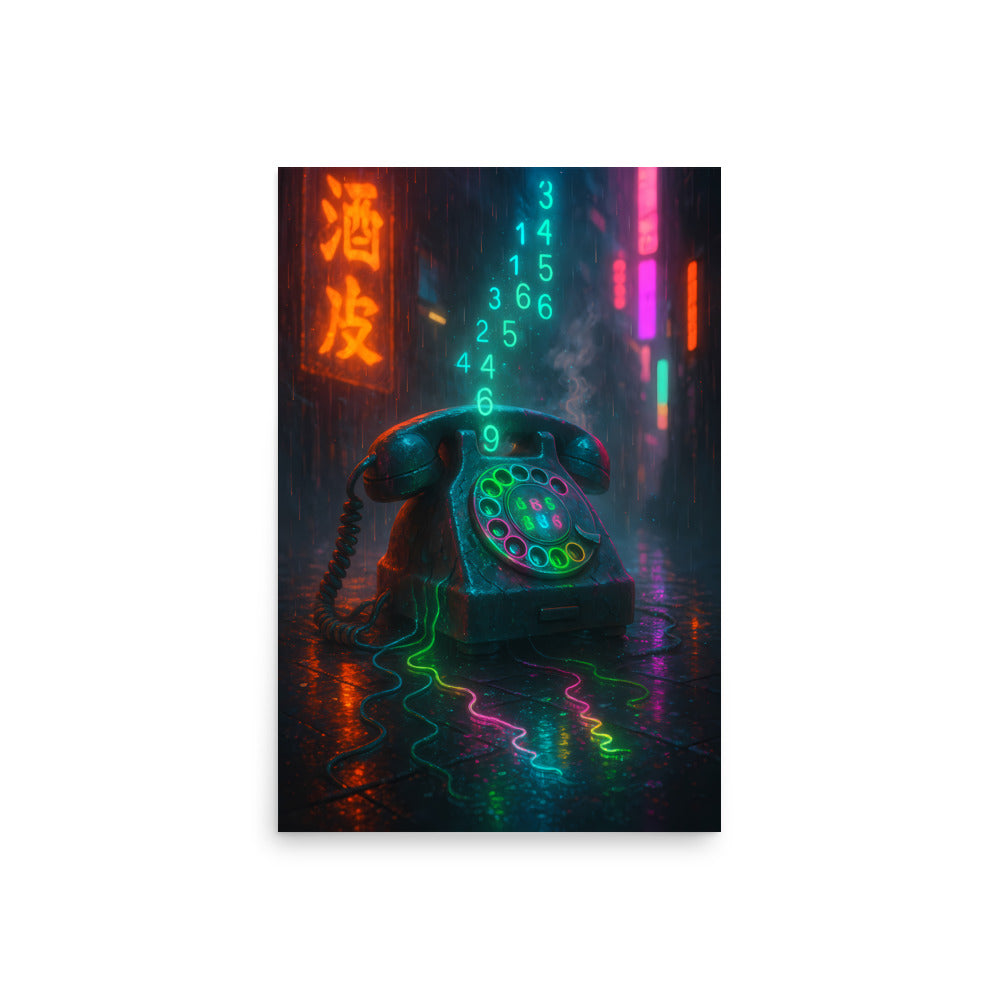 Neon-lit rotary phone with colourful lights on a dark background. Retro poster.