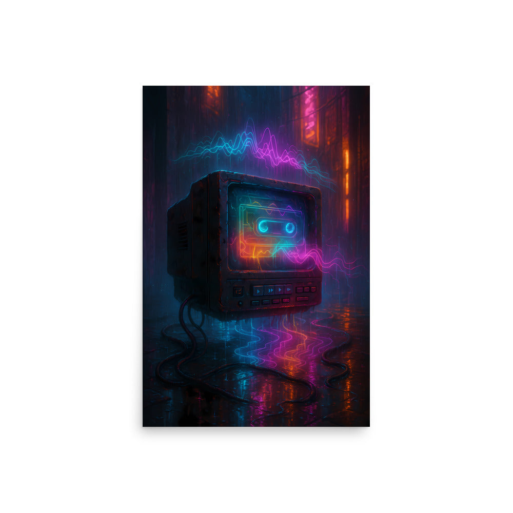 Vintage computer monitor with colorful display in a neon-lit room. Retro poster.