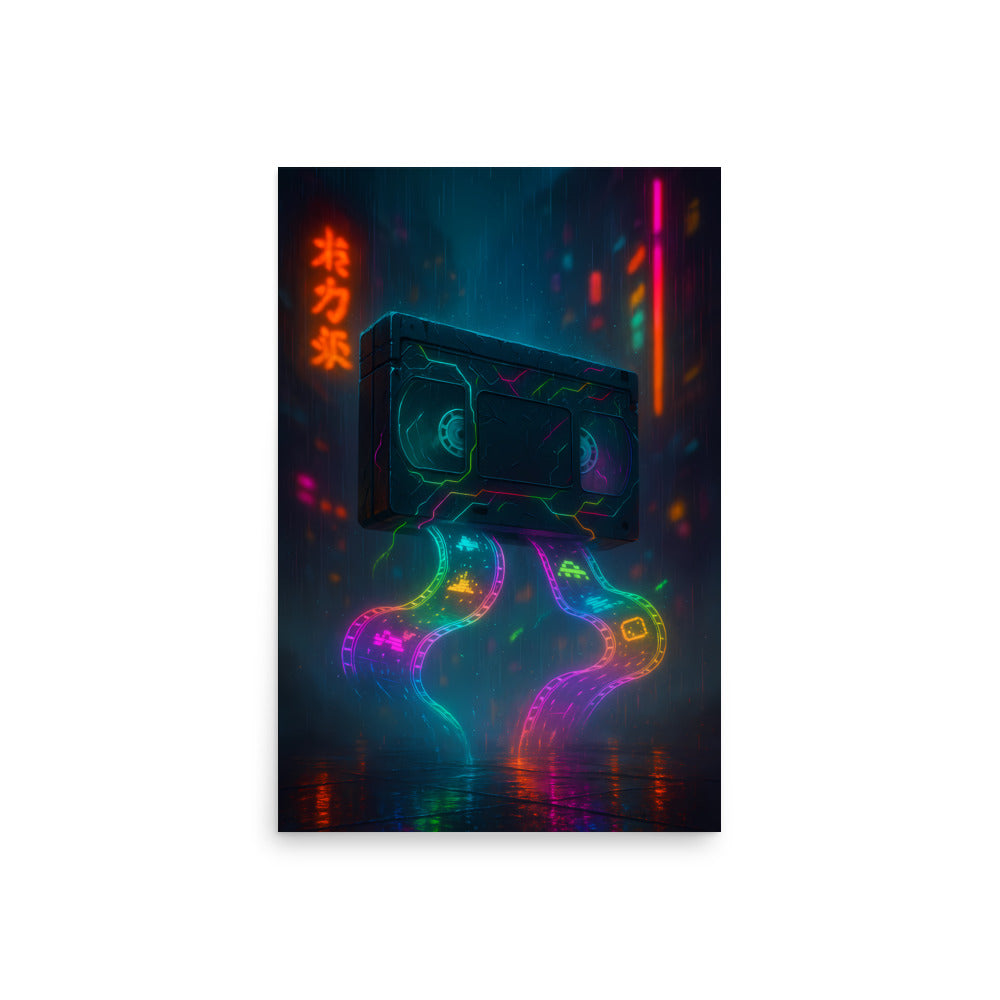 Neon cassette tape with colorful snake design on a dark background. Retro poster.