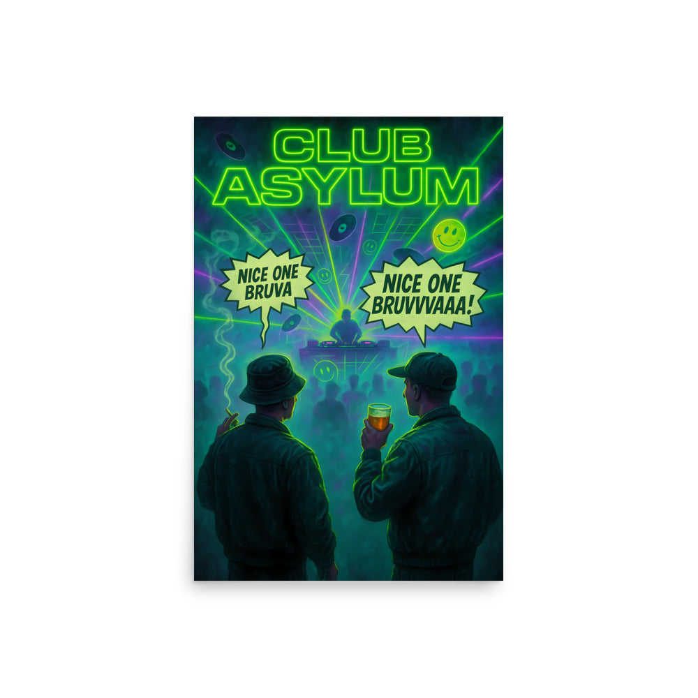 Poster for 'Club Asylum' with two people holding drinks and neon text. Human traffic film poster. 90s rave poster.