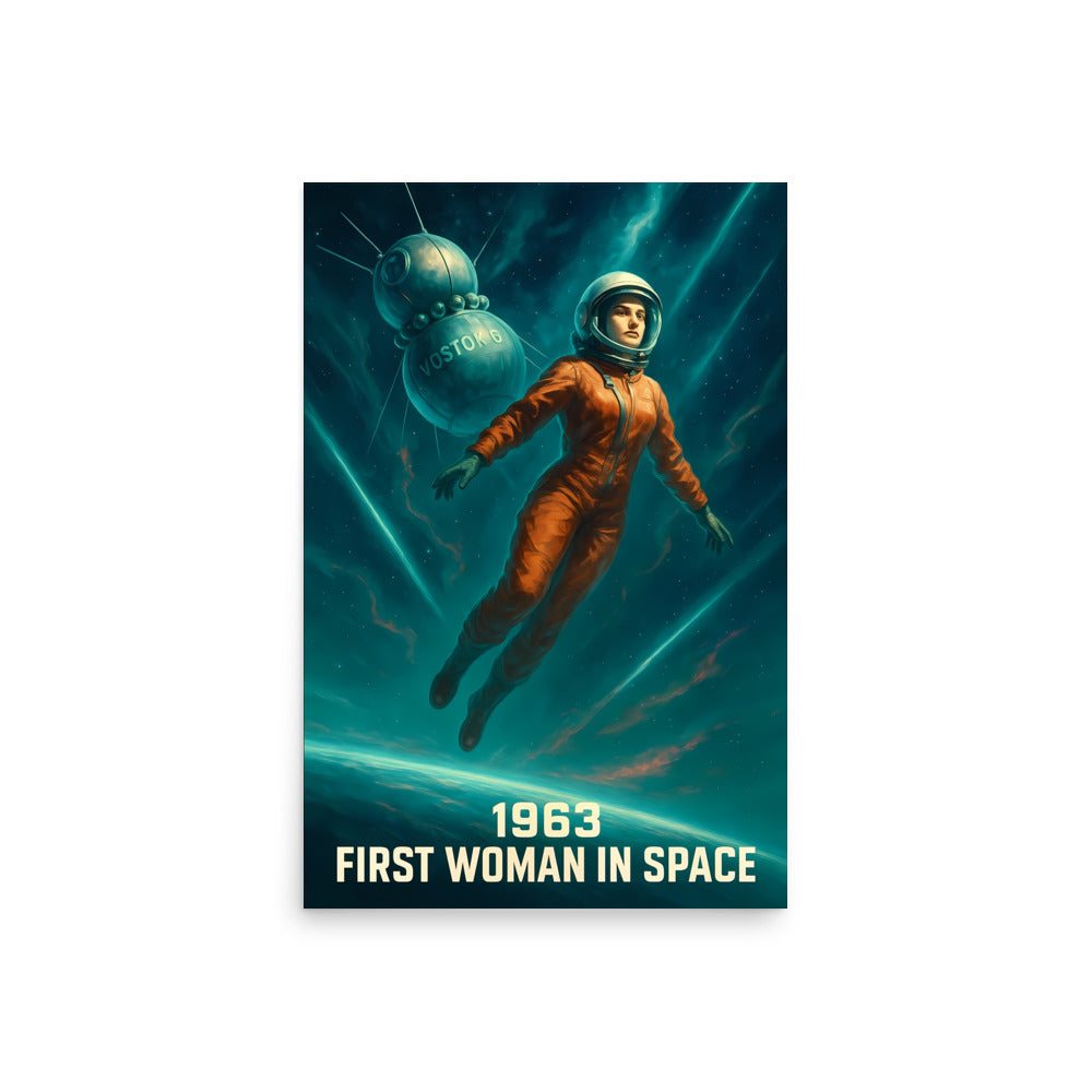 Poster of an astronaut in space with text '1963 First Woman in Space' on a blue background. Space race poster.