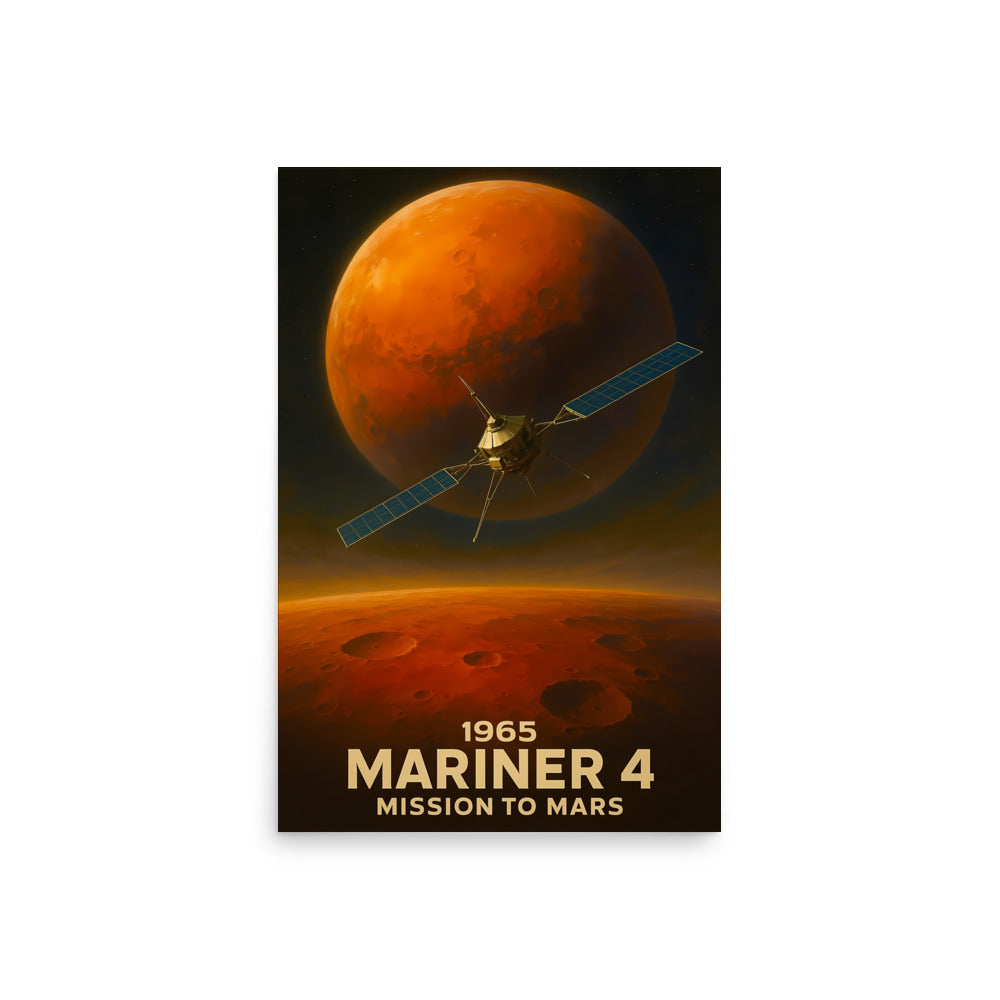 Poster of Mariner 4 mission to Mars with spacecraft and red planet illustration. Space race poster.
