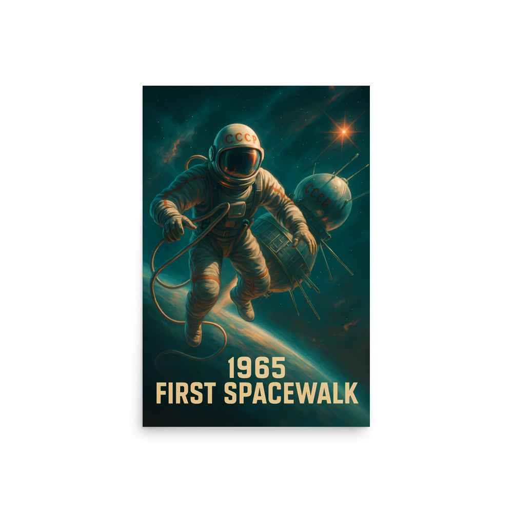 Poster of an astronaut in space with text '1965 First Spacewalk' on a dark background. Space race poster.