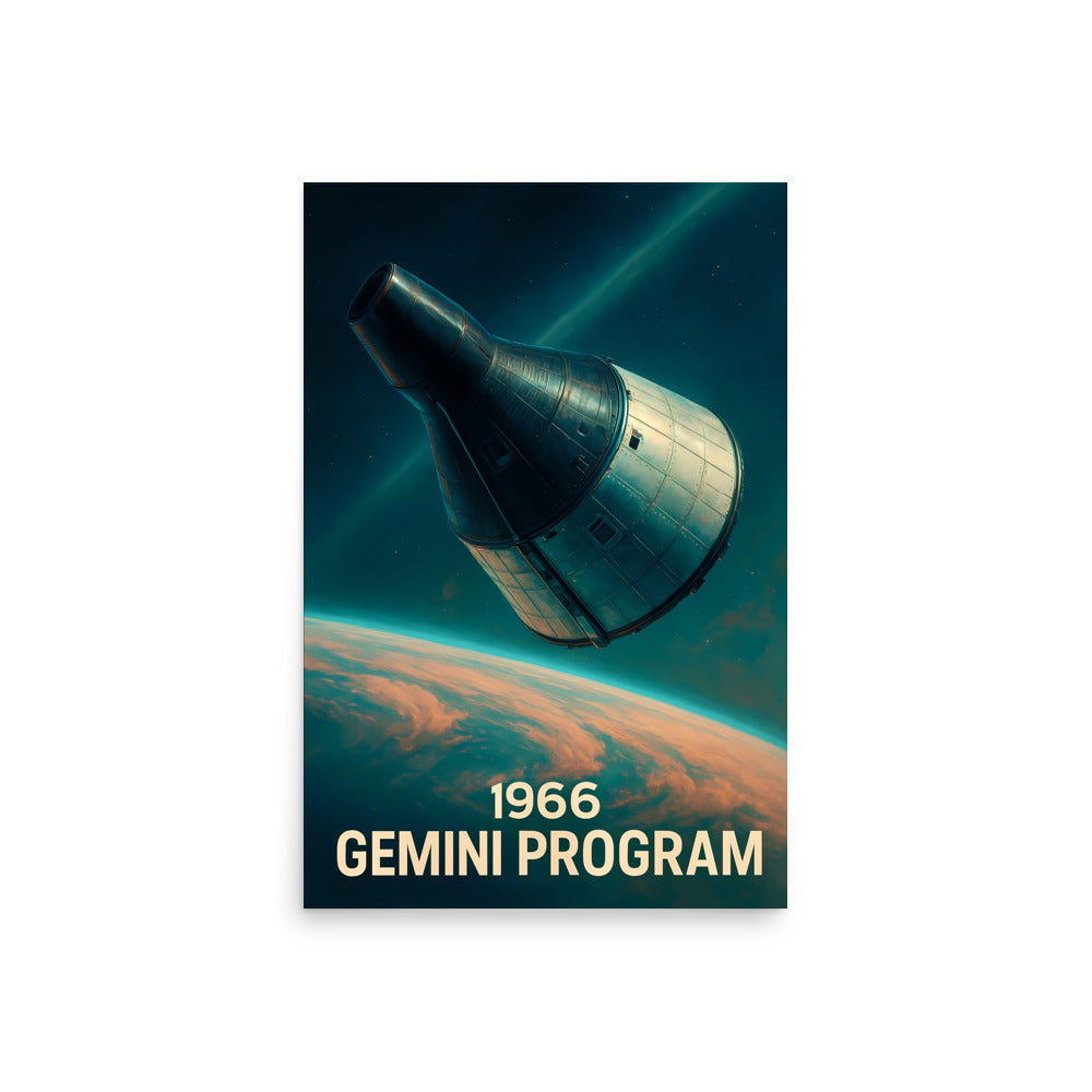 Poster of a space capsule over Earth with '1966 Gemini Program' text. Space race poster.