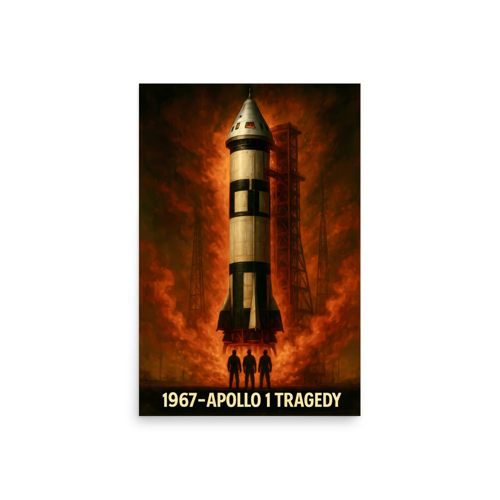 Poster of a rocket with '1967 Apollo 1 Tragedy' text on a dark background. Space race poster.