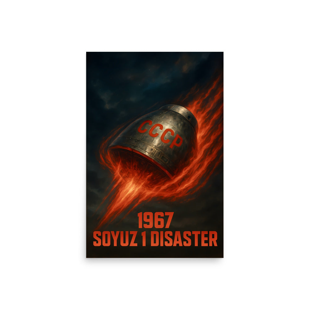 Soyuz 1 disaster poster with fiery design and CCCP emblem. Space race poster.