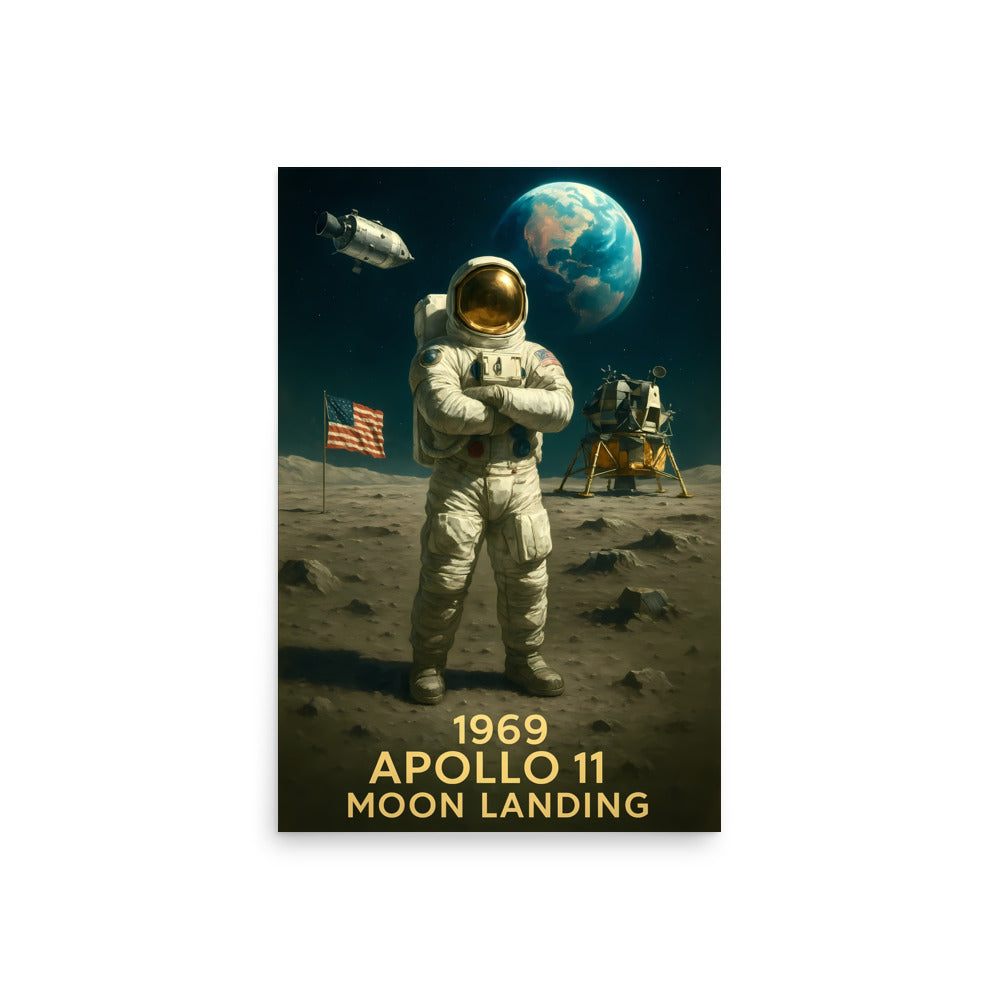 Poster of an astronaut on the moon with Earth in the background, featuring text '1969 Apollo 11 Moon Landing'. Space race poster.