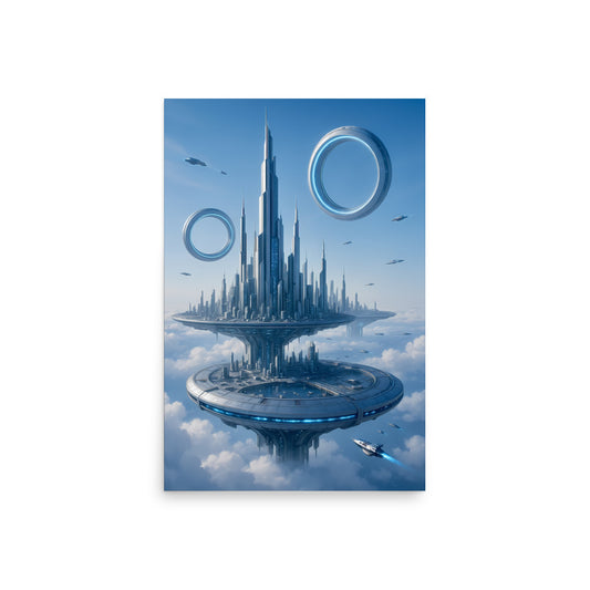 Futuristic cityscape with tall buildings and flying vehicles against a blue sky. Futuristic Sci-Fi Cityscapes.
