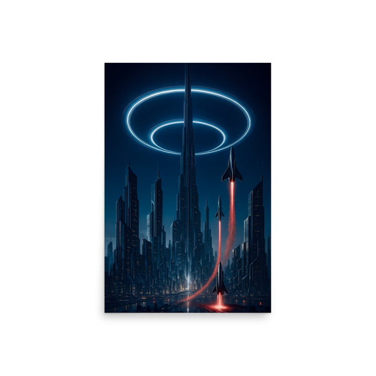 Futuristic cityscape with rockets and a large circular structure on a white background. Futuristic Sci-Fi Cityscapes.