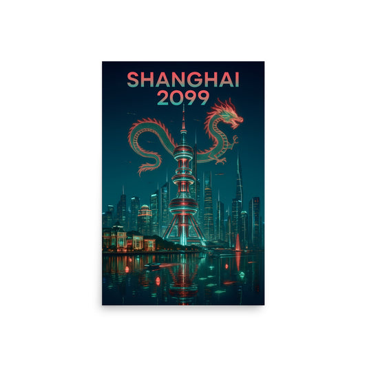 Futuristic cityscape of Shanghai with a dragon design and 'Shanghai 2099' text on a dark blue background.