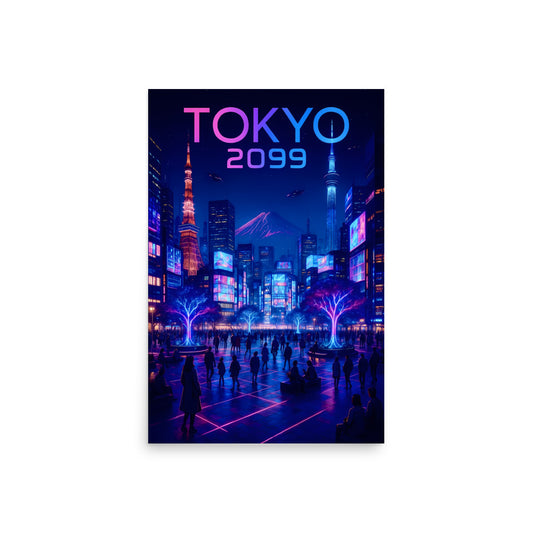Poster of a futuristic cityscape with 'TOKYO 2099' text. 