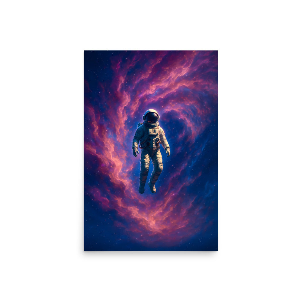 Astronaut floating in space with a vibrant pink and purple nebula. Abstract space landscape poster.