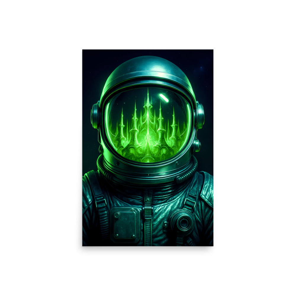 Astronaut in a green space suit with a glowing green helmet against a black background. Abstract space landscape poster.