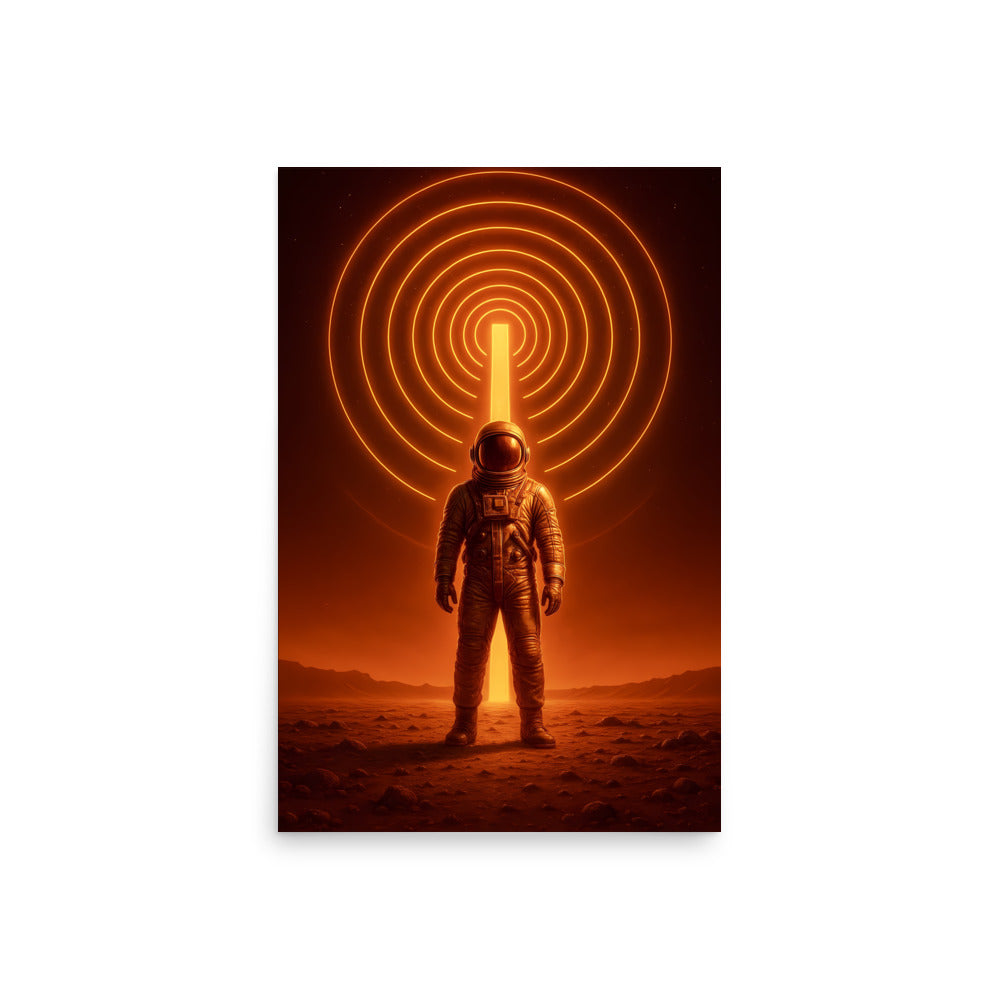 Astronaut standing on a barren landscape with a large circular light source in the background. Abstract space landscape poster.