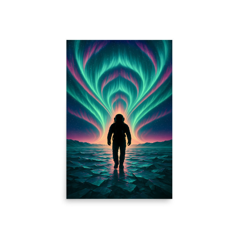 Silhouette of an astronaut against a vibrant Northern Lights sky. Abstract space landscape poster.