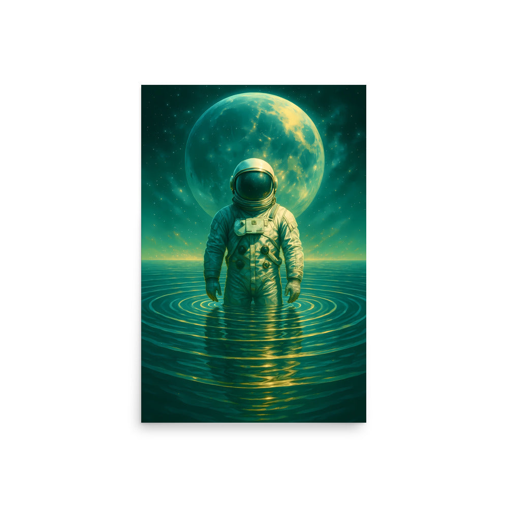 Astronaut standing in water with a large moon in the background. Abstract space landscape poster.