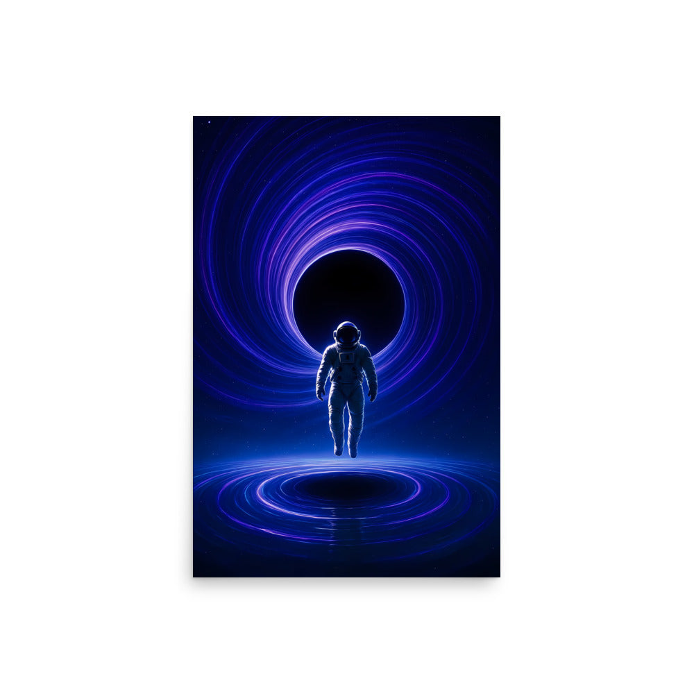 Poster of an astronaut walking towards a blue wormhole on a white background. Abstract space landscape poster.