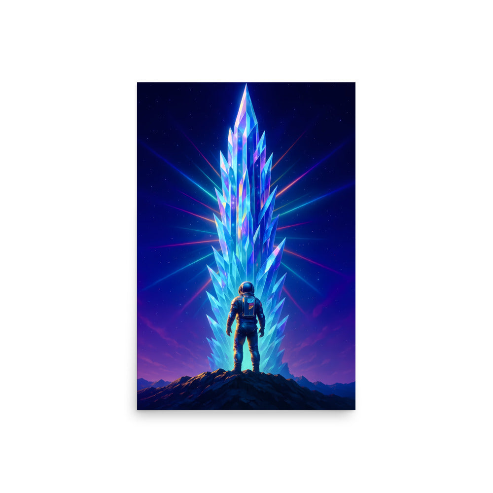 A futuristic astronaut standing in front of a glowing, crystalline structure on a white background. Abstract space landscape poster.