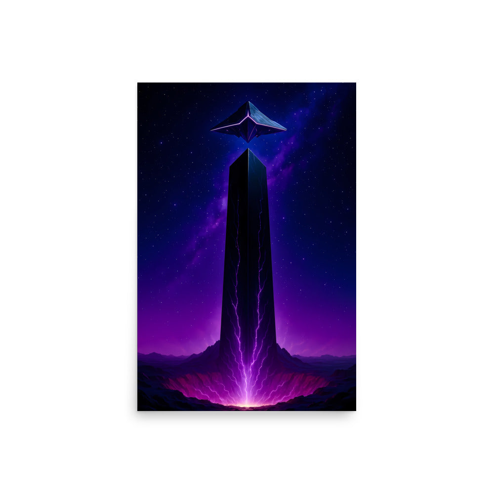 Futuristic tower with a glowing purple base against a starry sky. Abstract space landscape poster.