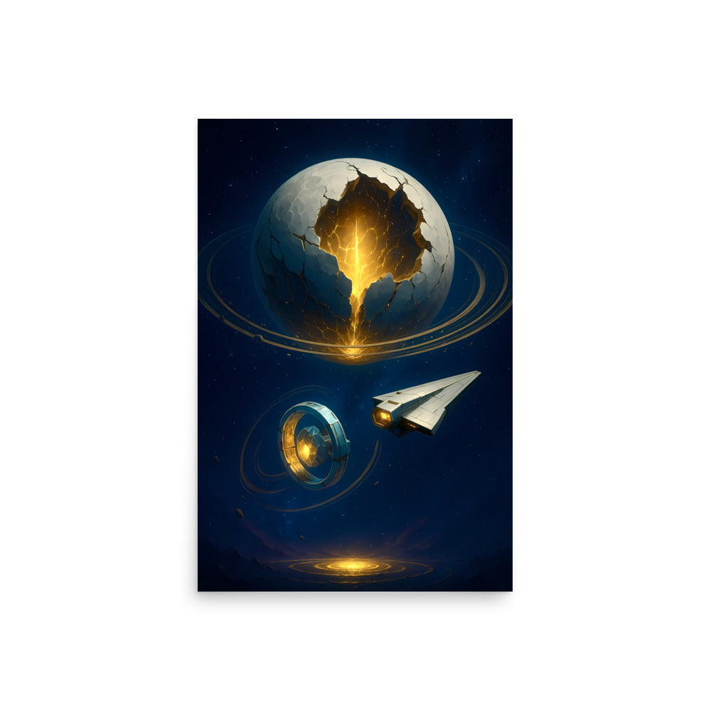 Futuristic spacecraft approaching a planet with a golden core on a dark blue background. Abstract space landscape poster.