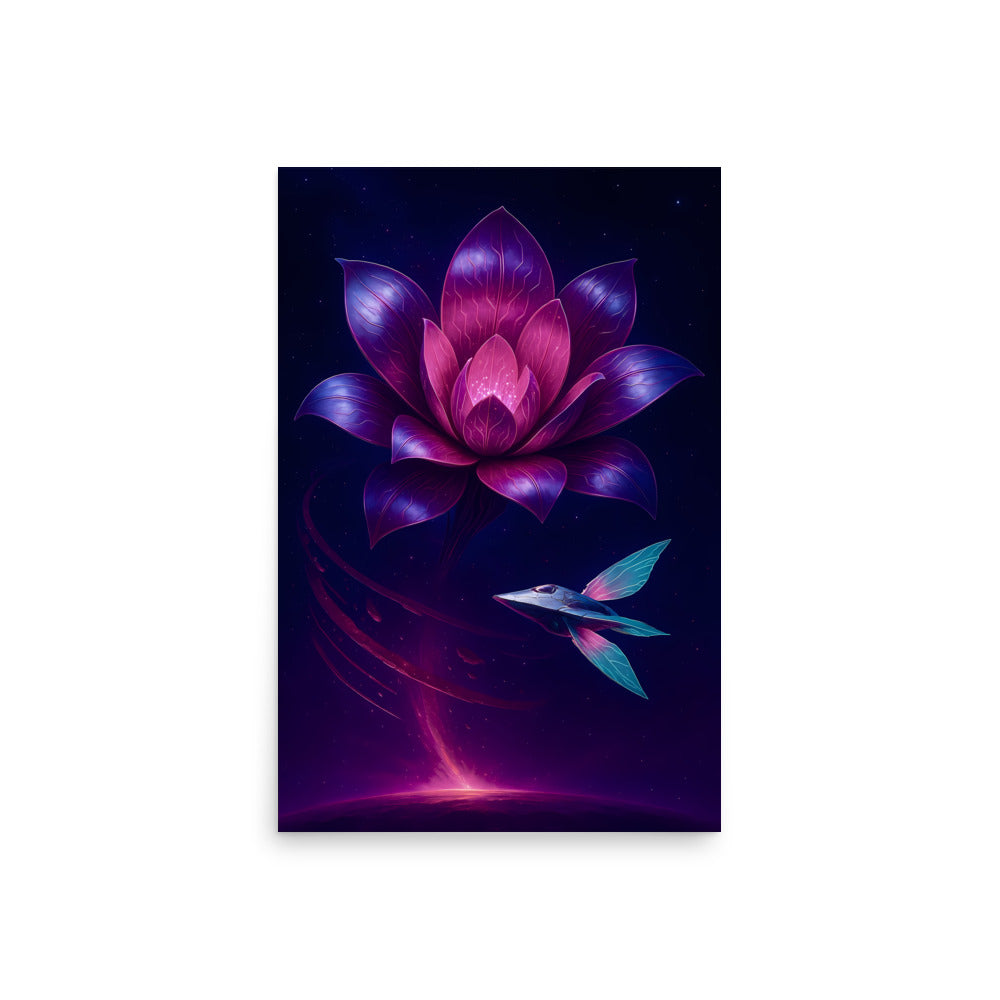 Futuristic purple flower with a blue fish on a dark background. Abstract space landscape poster.