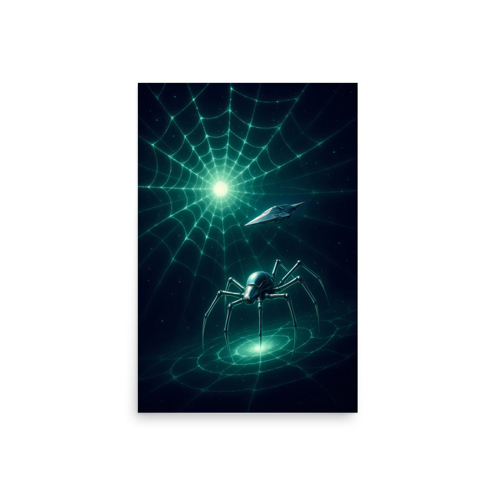 Futuristic spider on a glowing web with a spaceship in the background. Abstract space landscape poster.