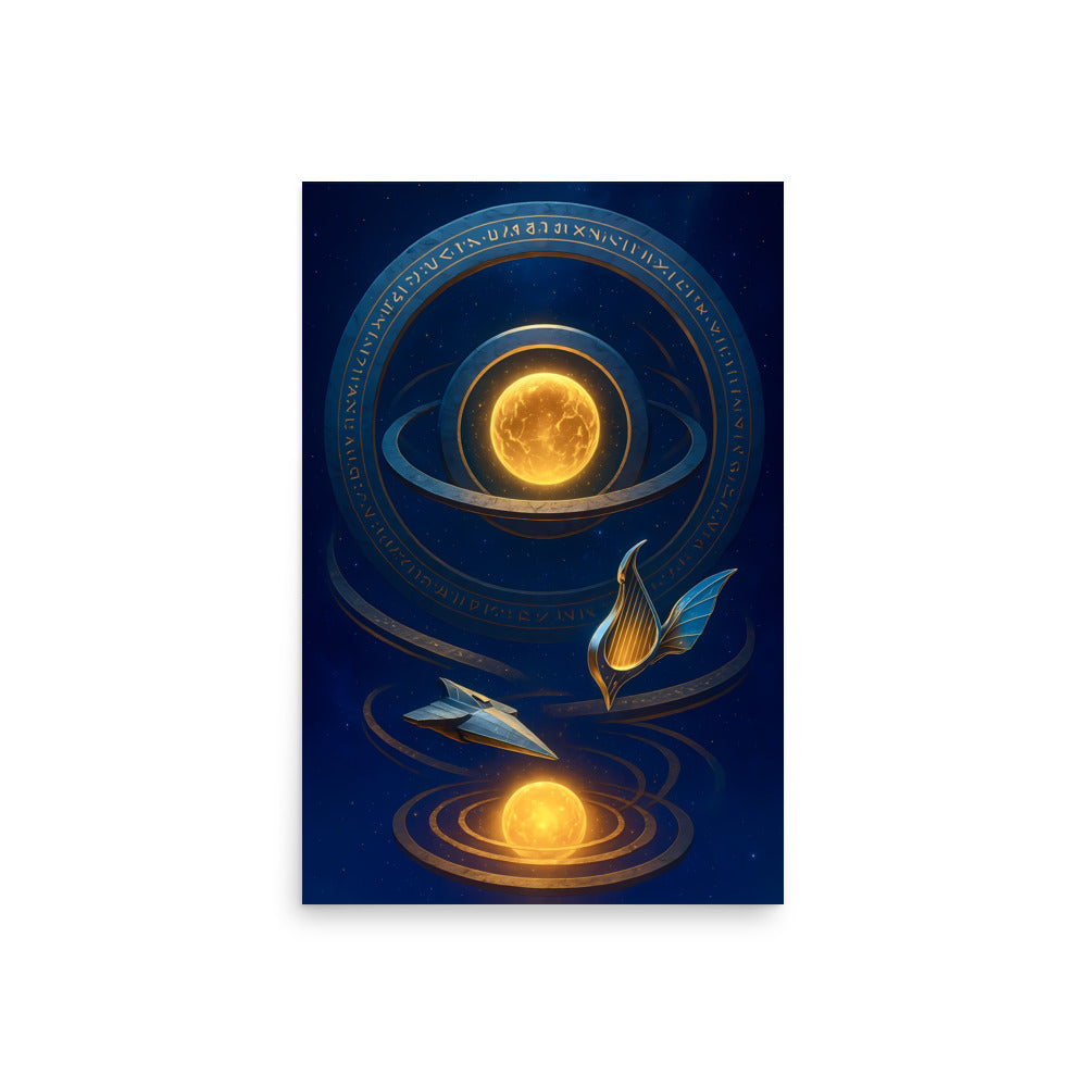Decorative poster with a central celestial design on a blue background. Abstract space landscape poster.
