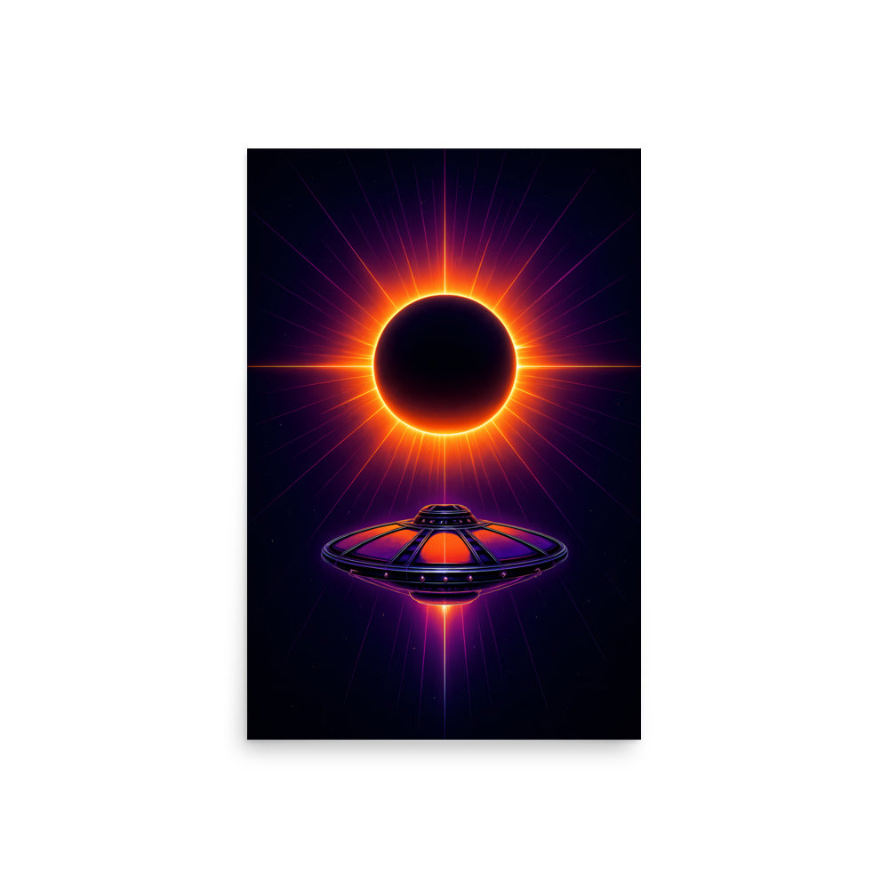 Futuristic design with a black hole and UFO on a dark background. Abstract space landscape poster.