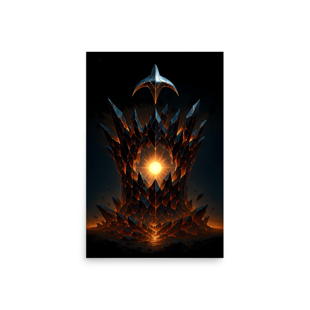 Artistic depiction of a fiery dragon with a glowing eye on a dark background.Abstract space landscape poster.