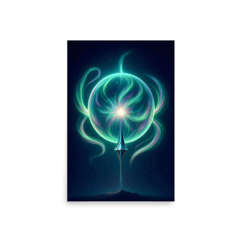 Artistic depiction of a mystical energy sphere with a spear-like figure in the center on a dark background. Abstract space landscape poster.