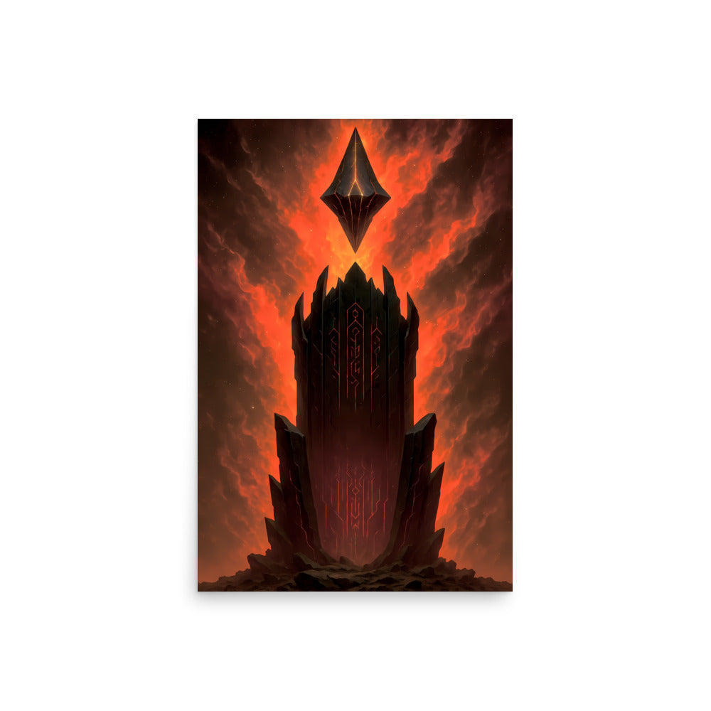 Artistic depiction of a tower with a diamond-shaped object above it against a fiery background. Abstract space landscape poster.