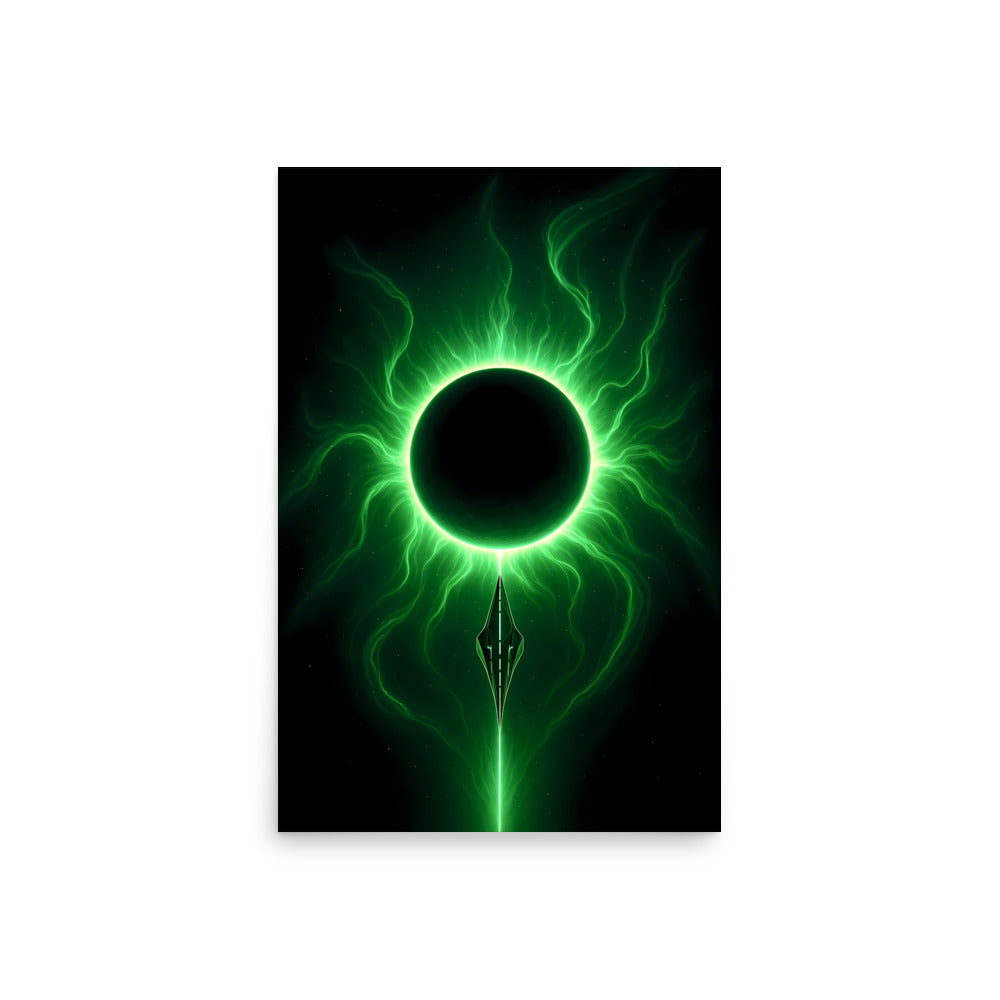 Futuristic green energy sphere with a black center on a white background. Abstract space landscape poster.