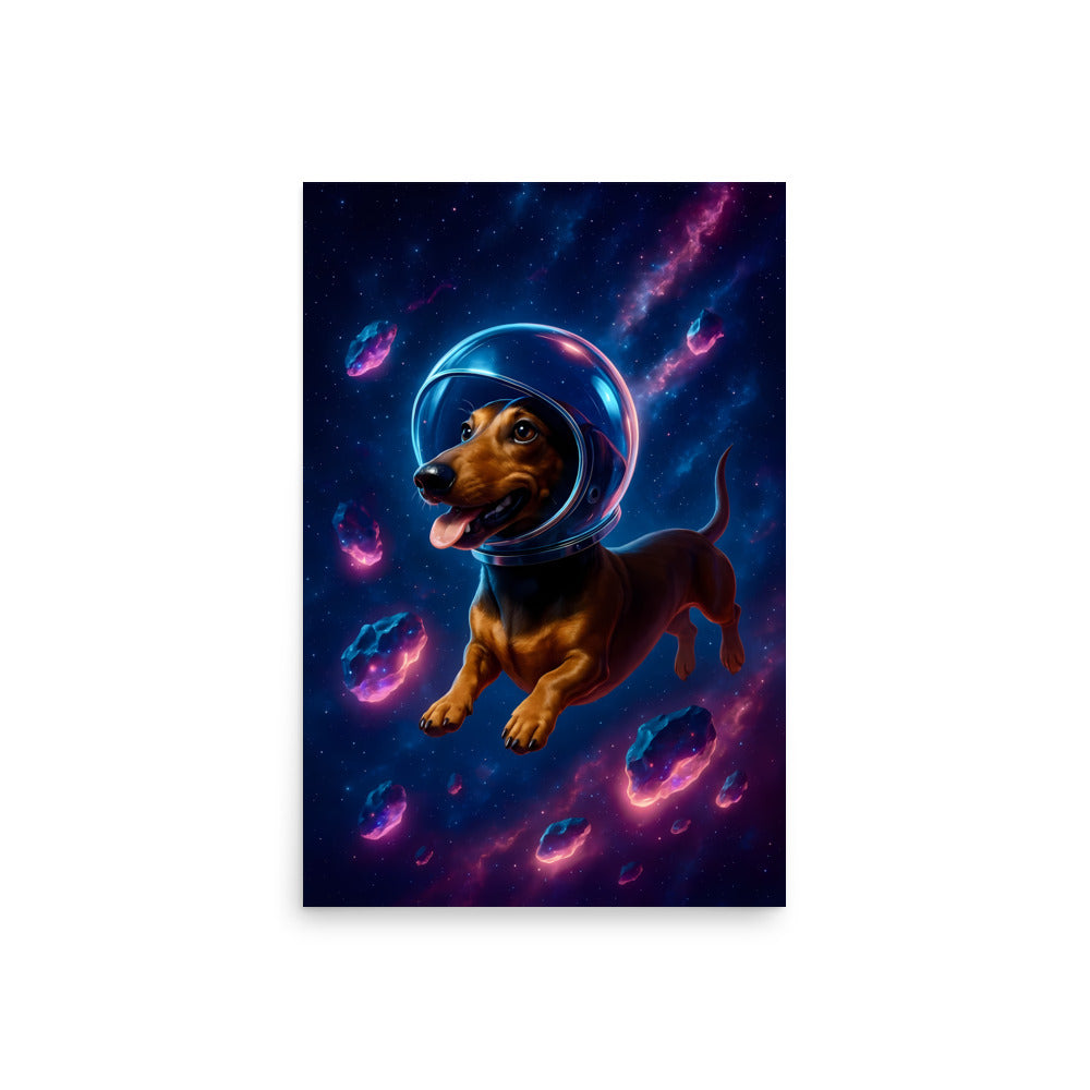 Dachshund dog in an astronaut helmet with a space background. Space dogs. Dog picture. Dog poster.