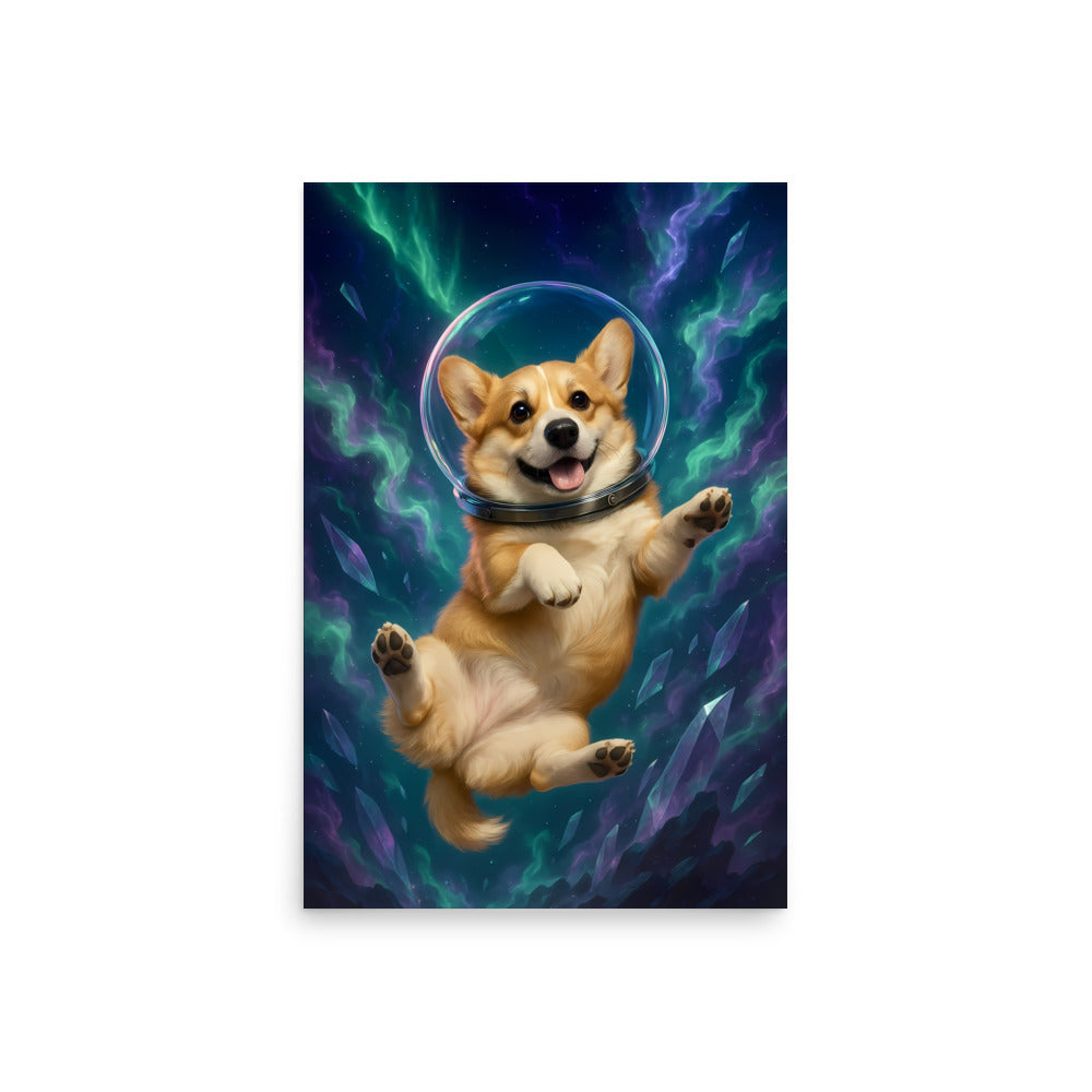Corgi dog wearing a space helmet against a cosmic background.Space dogs. Dog picture. Dog poster.