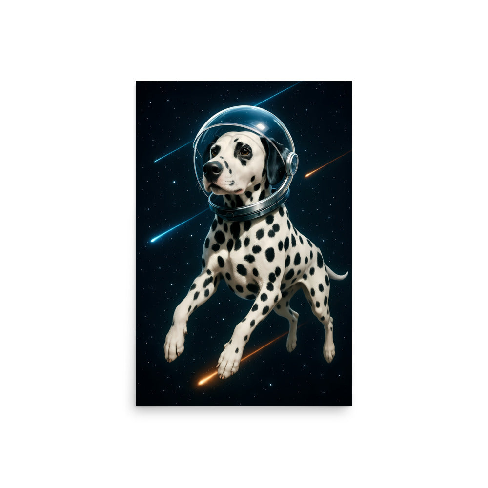 Dalmatian dog in an astronaut suit with a space background. Space dogs. Dog picture. Dog poster.