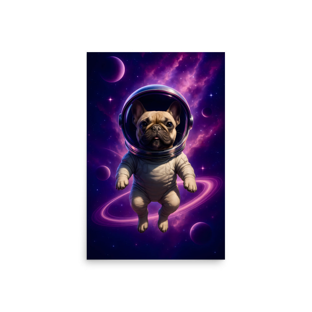 Frenchie dog in an astronaut suit with a space background.  Space dogs. Dog picture. Dog poster.