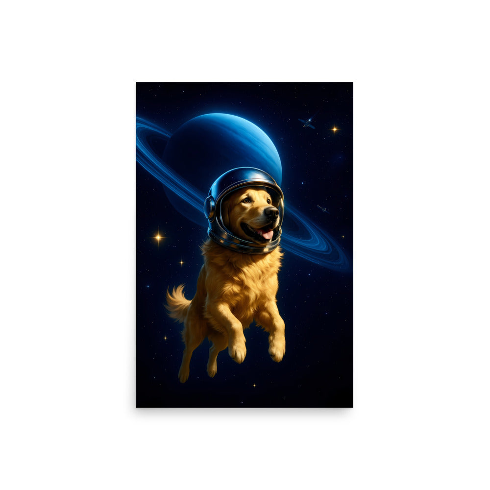 Golden retriever in an astronaut suit with a space background. Space dogs. Dog picture. Dog poster.