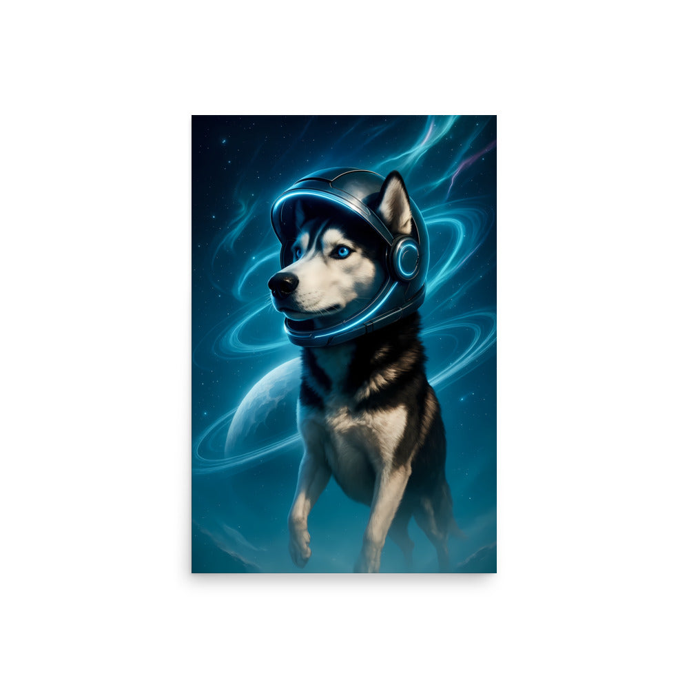 Dog wearing a space helmet with a blue and black background. Space dogs. Dog picture. Dog poster.