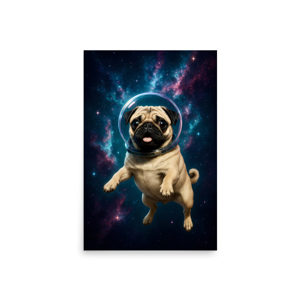 Pug dog wearing an astronaut helmet with a space background. Space dogs. Dog picture. Dog poster.