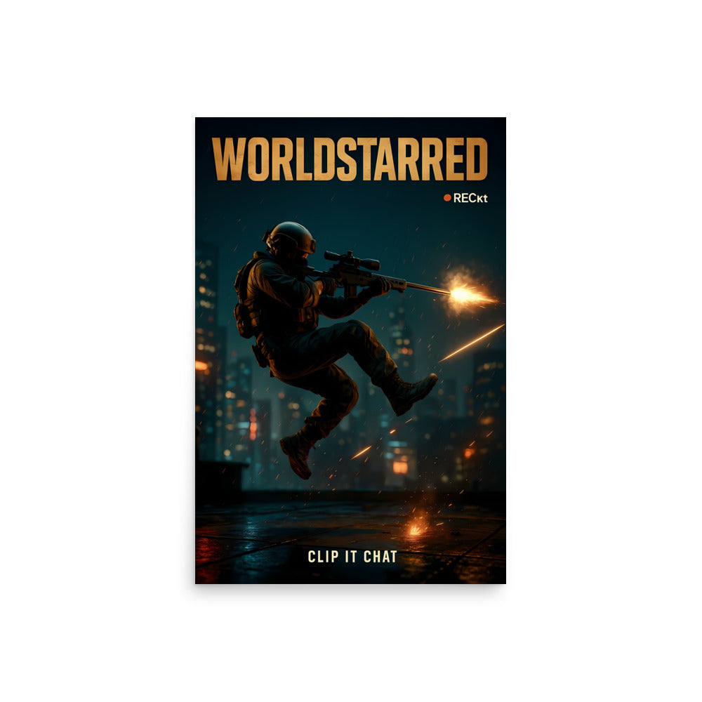 Poster with a silhouette of a person in a dynamic pose against a cityscape at night, featuring the brand 'Worldstarred'. Call of duty and FPS inspired poster.