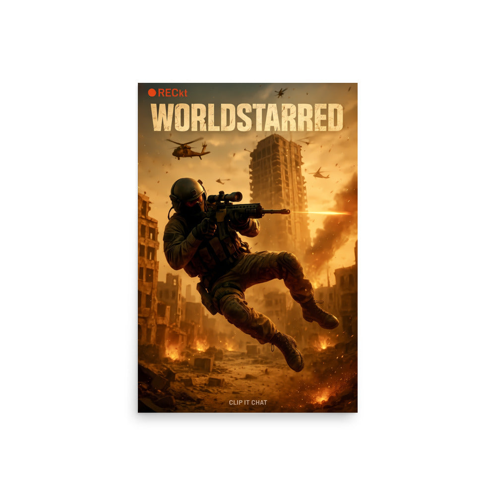 Call of duty and FPS inspired poster. 'WorldStarred' with a soldier in action scene. 
