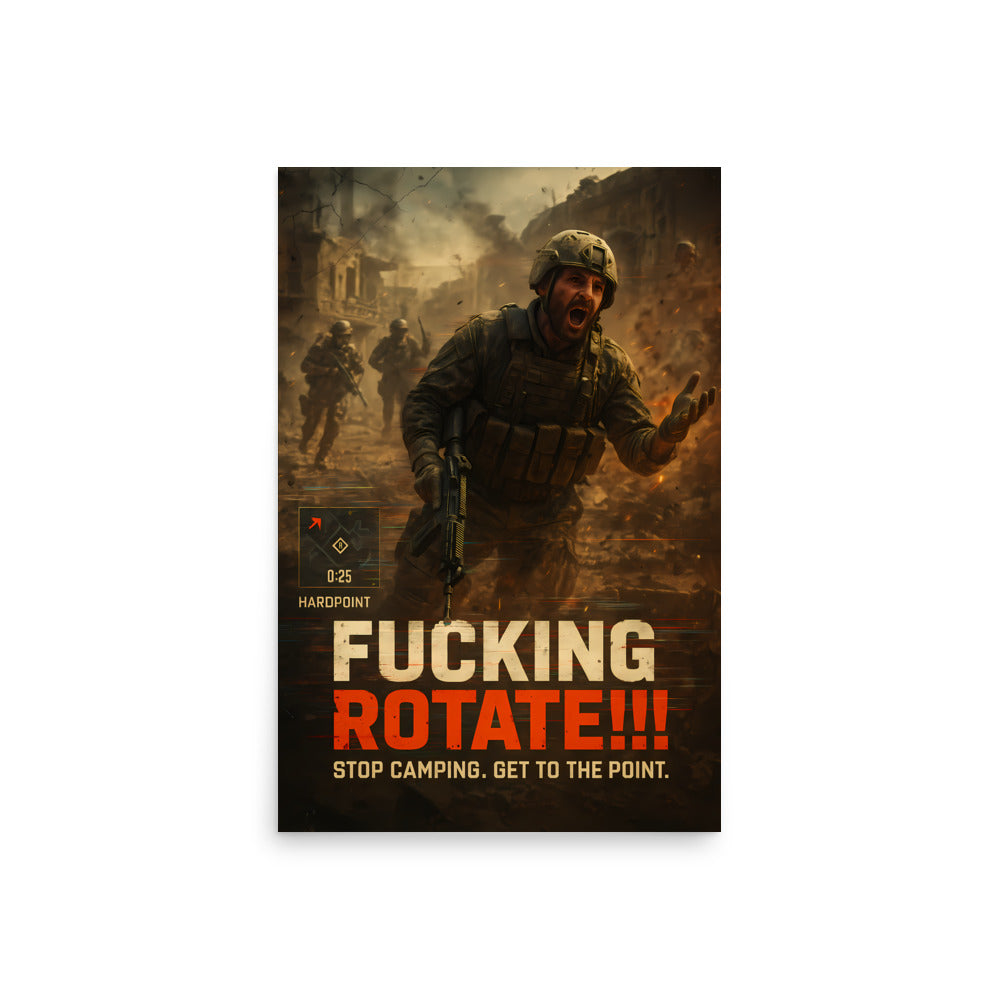 Poster with a military-themed design featuring text and soldiers in a war-torn environment. Call of duty and FPS inspired poster.