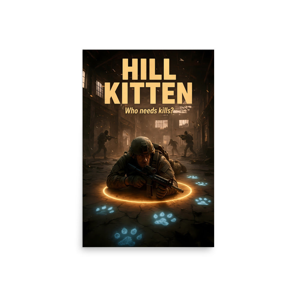 Call of duty inspired poster based on the 'Hill Kitten' with a dark, dystopian scene and text. Objective team player poster.