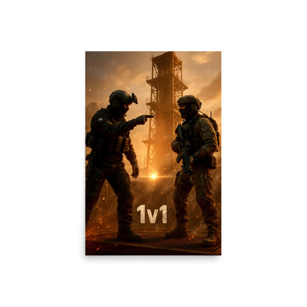 Two soldiers in a combat scenario with '1v1' text on a white background. Call of duty inspired poster.