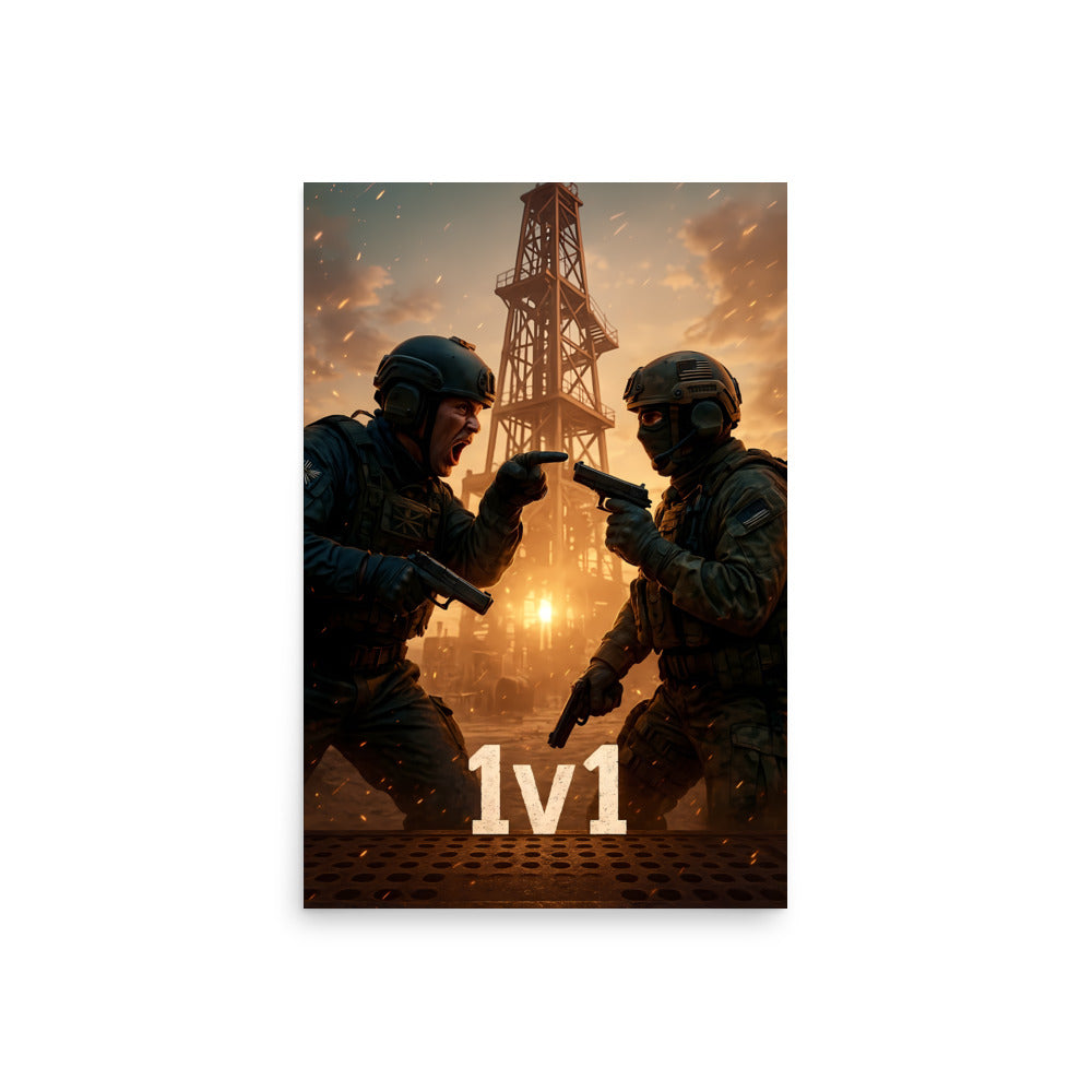 Two soldiers in a combat scenario with a tower in the background, featuring the text '1v1'. Call of duty inspired poster.